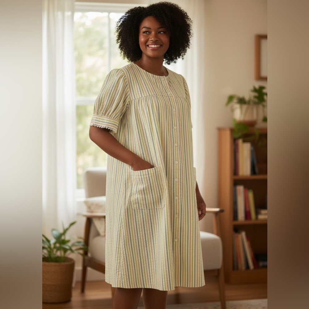 Vintage 60s 70s Seersucker House Coat Striped Lounge Dress Ric Rac Trim Mumu